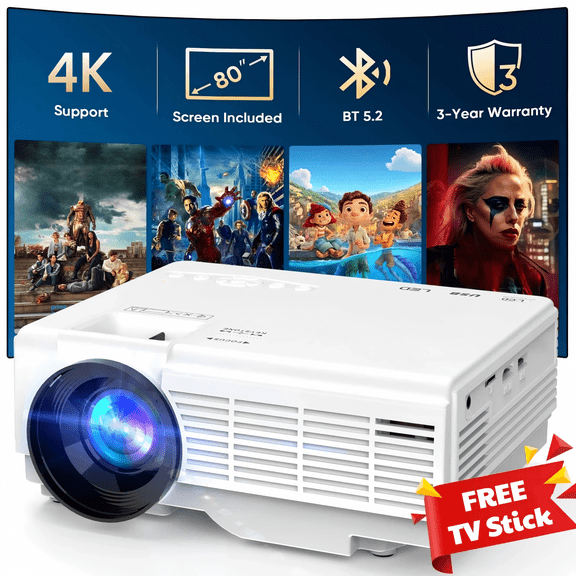 GCZ Mini Projector with Screen, Bluetooth 5.2, FHD 1080P Supported Portable Outdoor Projector for Home, Compatible with TV Stick/Phone/HDMI