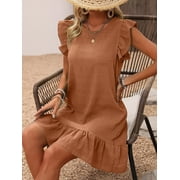 Cuteduck Womens Dresses Ruffle Sleeve Ruffle Hem Round Neck Textures Casual Dresses S-XL
