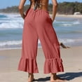 thumbnail image 4 of Women's Linen Wide Leg Pants Casual Cropped Crinkle Design with Drawstring Waist and Loose Fit Ruffled Hem Trousers for Everyday Wear Watermelon Red M, 4 of 5
