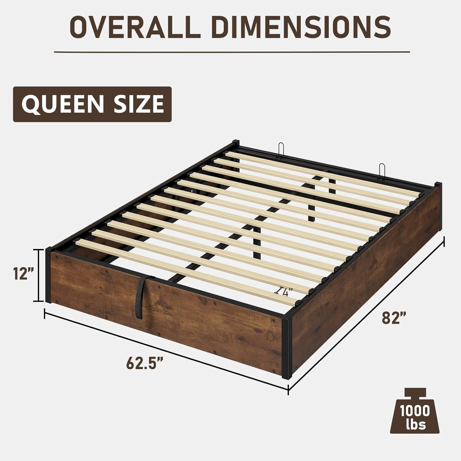 VANACC Queen Size Lift Up Storage Platform Bed Frame, Metal Bed Frame with Wooden Slats Support, No Box Spring Needed, Large Storage Space, Noise Free, Easy Assembly, Rustic Brown