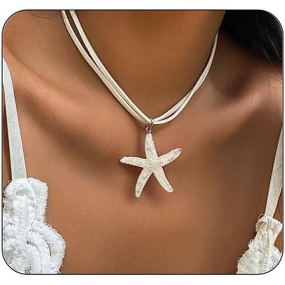 Starfish Fringe Necklace,Boho Layered Starfish Pendant Choker White Velvet Necklace Summer Beach Necklaces Jewelry for Women