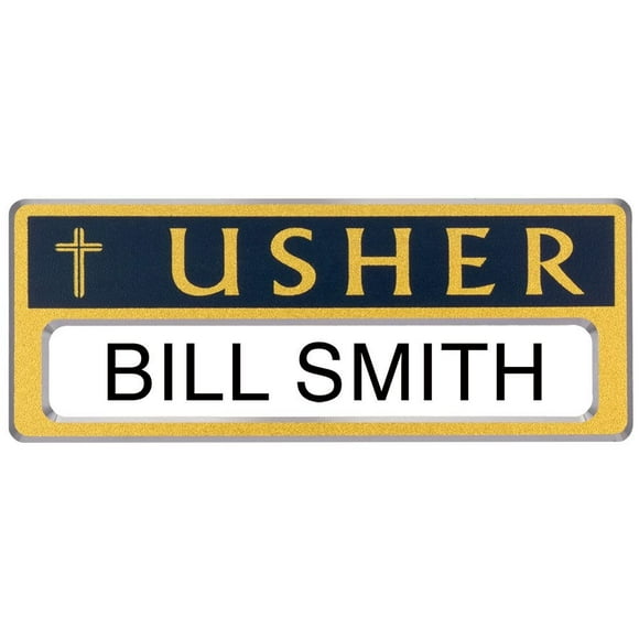 Usher Reusable Name Badge with Cross and Magnets (Pkg of 4)