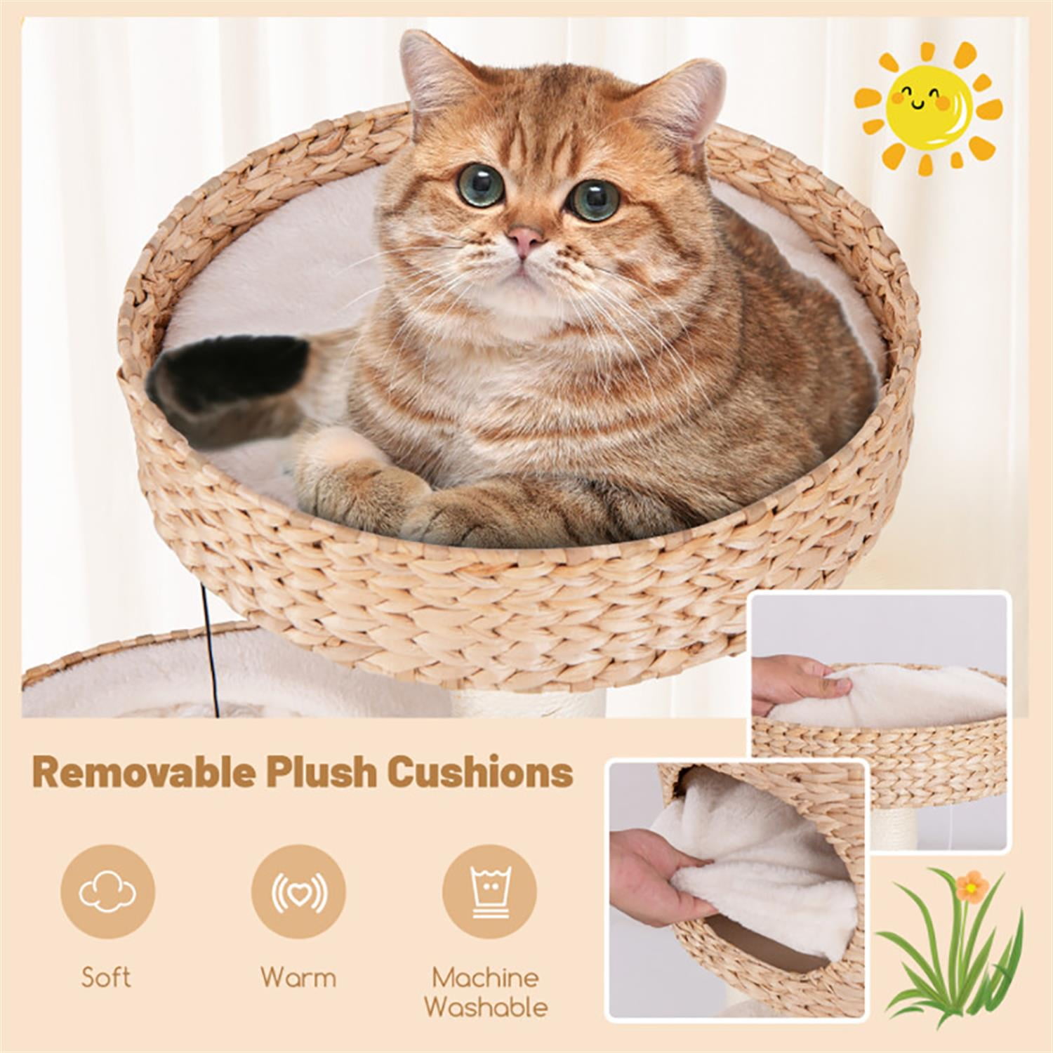 Kadyn 41" Modern Cat Tree with Toy, Cat Tower Condo for Indoor Cats with Cattail Fluff Condos, Sisal Scratching Posts and Top Perch, Beige