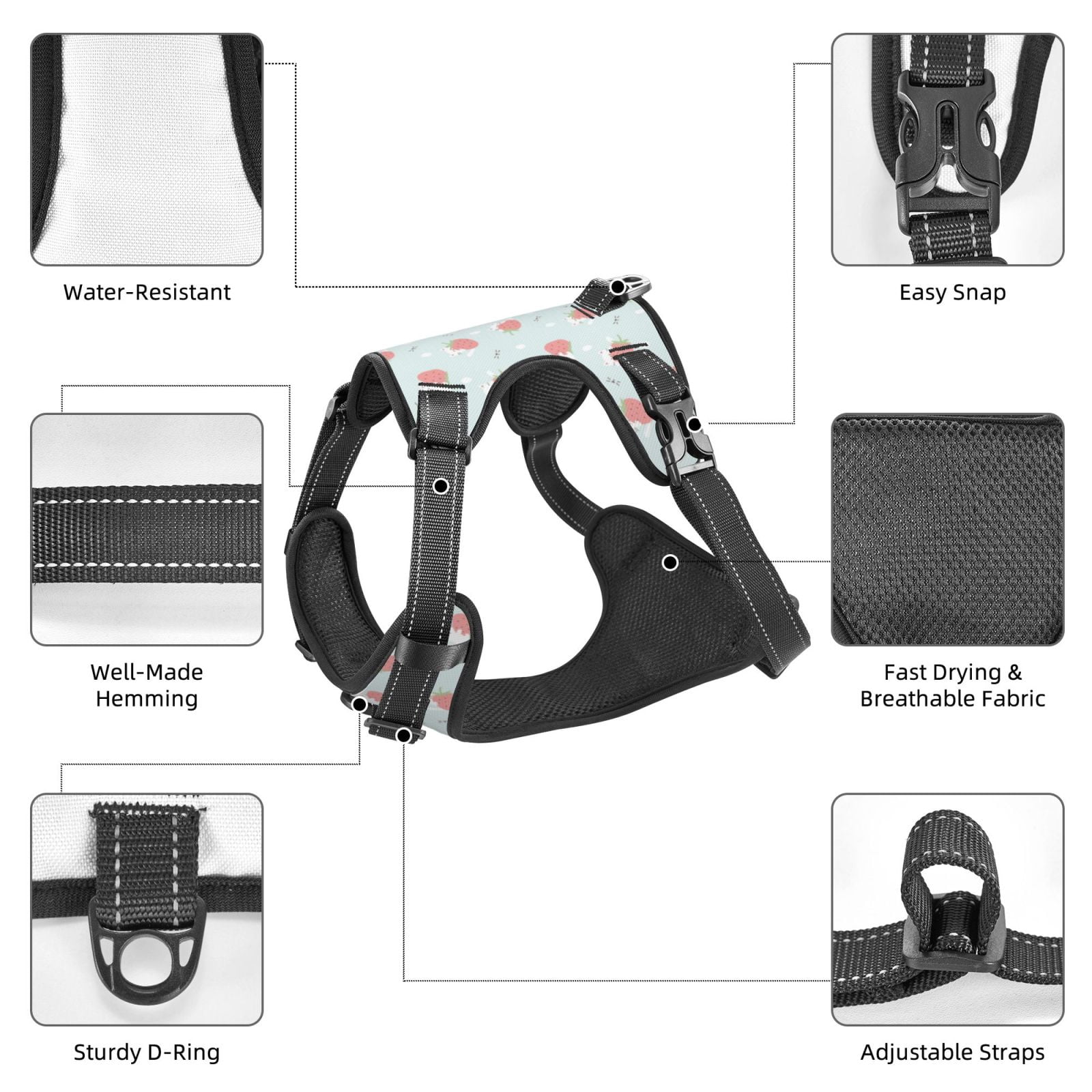 Fuzoiu Strawberry Print Reflective Dog Harness,Adjustable, Breathable Pet Vest,Dog Harness No Pull,No Choke Pet Vest for Small, Medium, and Large Dogs-Small