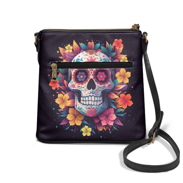 Kuiaobaty Skull Flower Print Crossbody Bag for Women. Zipped
