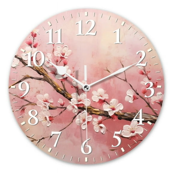 Non-Ticking Silent Wall Clocks Battery Operated Personalized Decor Clock for Living Room,Bedroom-Large Painting Of Cherry Blossoms On Pink Background(16inch)