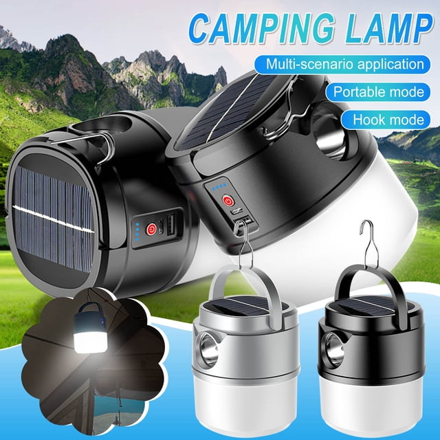 Luz solar para acampar al aire libre Linterna LED recargable de 2400 mAh | Banco de energía USB portátil | Lámpara colgante de carpa y mesa | Brillo ajustable | Ahorro de energía | para senderismo
