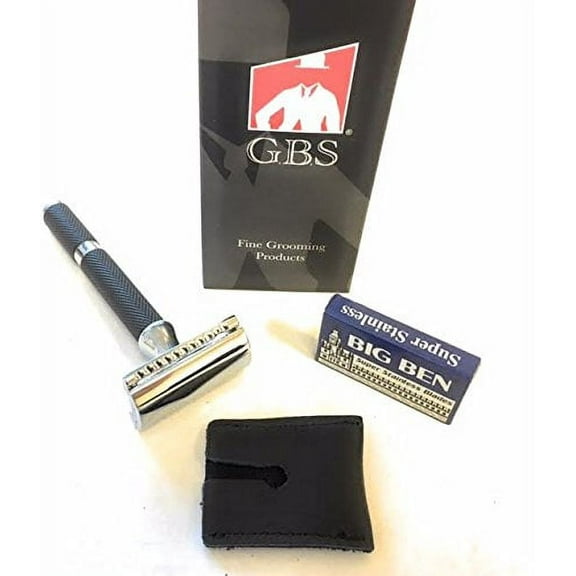 GBS 3 piece DE Rubber Matte Black handle razor with leather protective head case & 10 pack of Blades