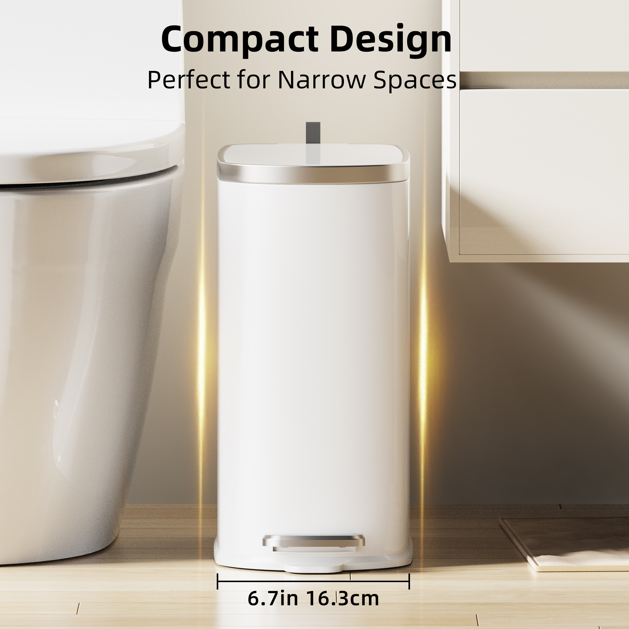 KSSKSS 2.6 Gallon/10L Slim Stainless Steel Bathroom Trash Can with Lid, Soft-Close Small Garbage Bin for Narrow Spaces, White