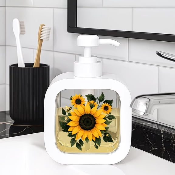 Elegant Sunflower Soap Dispenser Set Refillable Hand Soap and Lotion Dispenser with Gold Base for Kitchen Bathroom Counter Decor