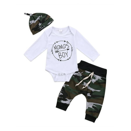 

3PCS Newborn Baby Kid Boys Romper Tops+Camo Long Pant+Hat Cotton Outfits Clothes