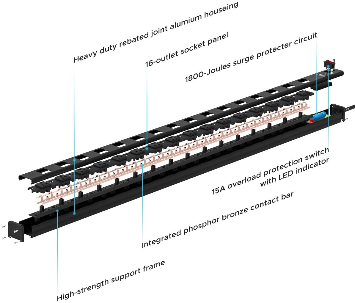 CRST Metal Heavy Duty Surge Protector, Wide Spaced 16 Outlets Power Strip with 15ft Long Extension Power Cord, 1800J