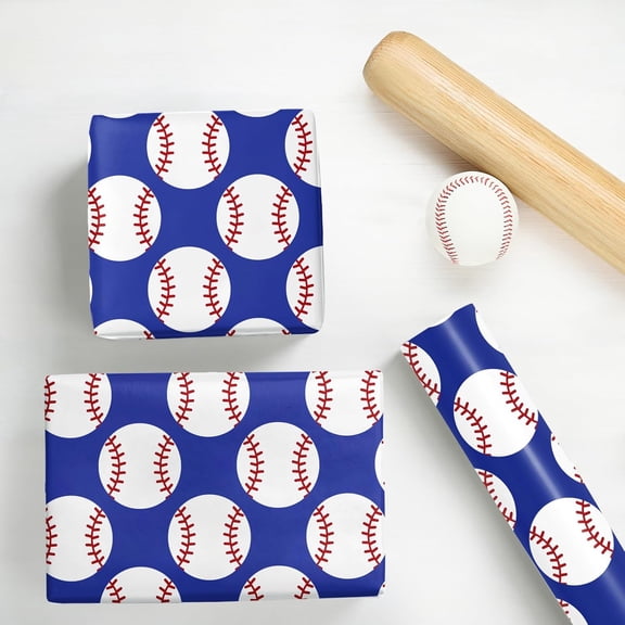 Blue background baseball pattern Gift Wrapping Paper 58"x 23" inchs , Birthday Wrapping Paper Roll, Adorable Gift Wrap for Boys Girls Birthday Party