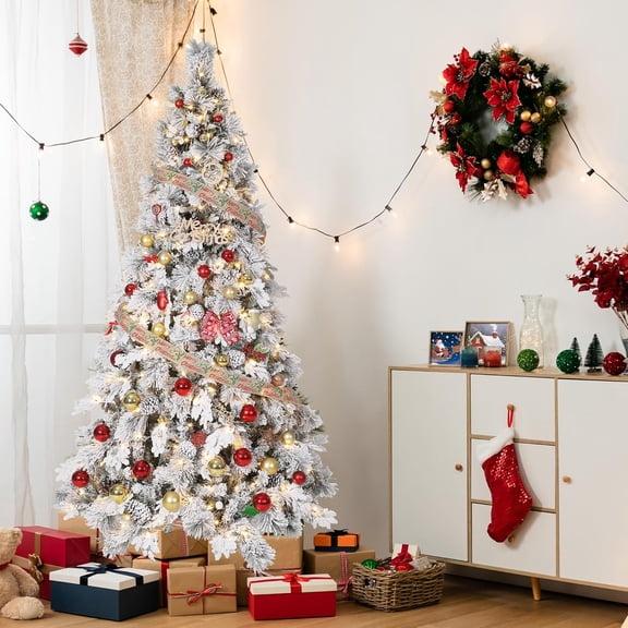 Acekid Snow Flocked Spruce Artificial Christmas Tree 5 FT Incandescent Warm White Lights Foldable Stand Full Xmas