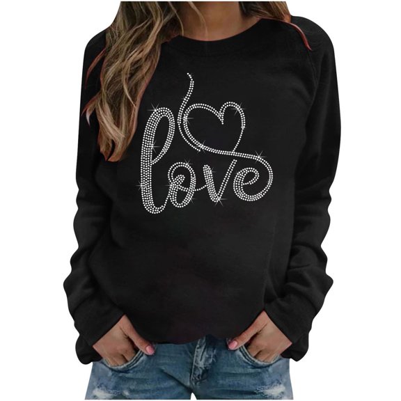 IROINNID Women's Long Sleeve Sweatshirt Round Neck Mid-Length Print Loose Full Sleeve Tops Shirts Pullover Shining Sweatshirt, Black