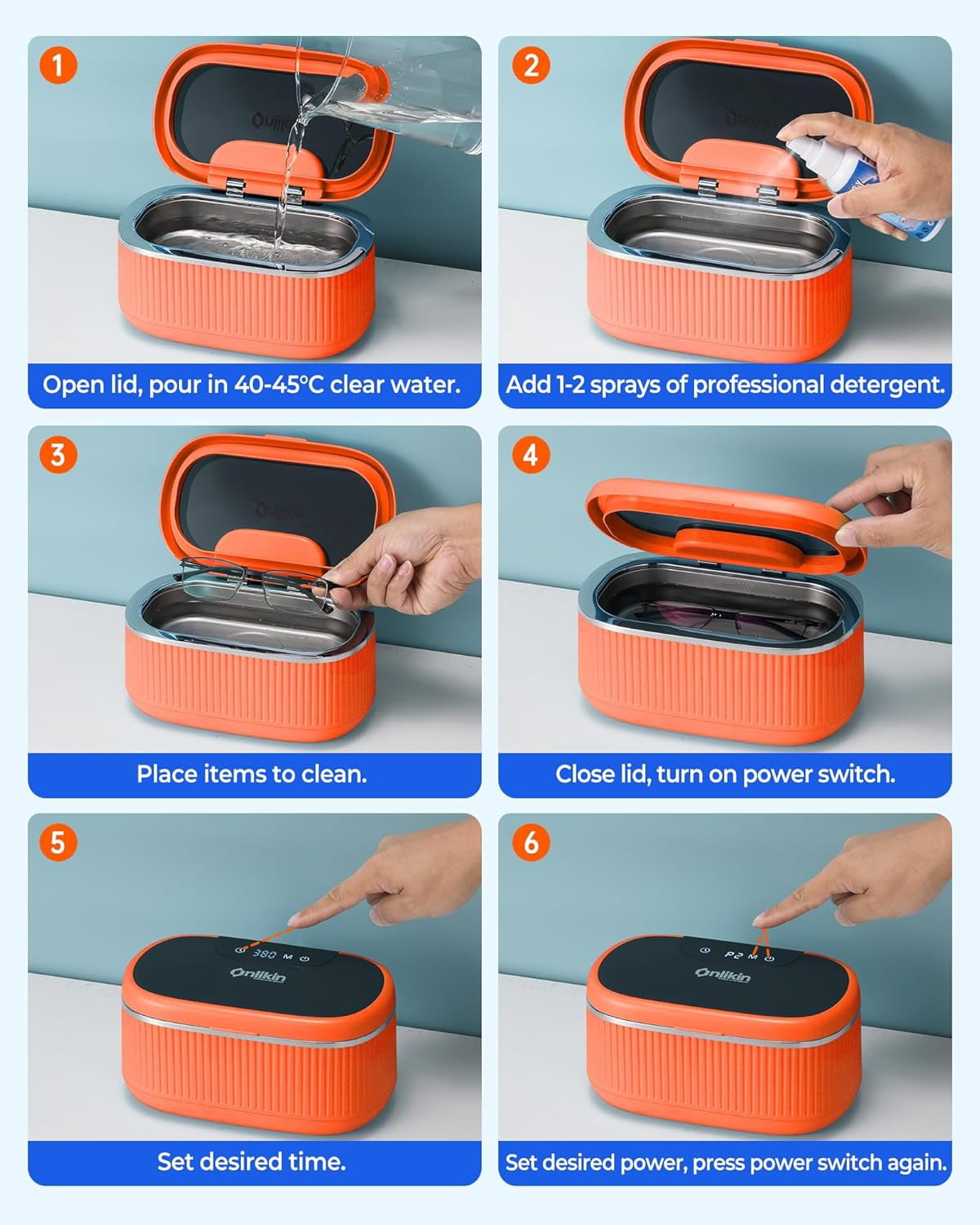 Ultrasonic Jewelry Cleaner 35W 45KHz – for Retainers, Eyeglasses & Dentures, 20oz 304SS Tank, 5 Timer Modes (Orange)