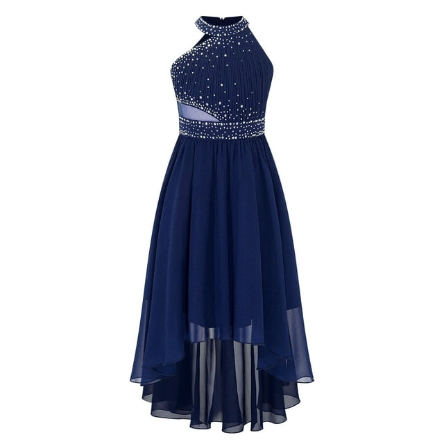 Loodgao Girls Shiny Rhinestone Party Maxi Dress Halter Sleeveless Ruched Bodice Flower Girl High-Low Dress Navy Blue 8