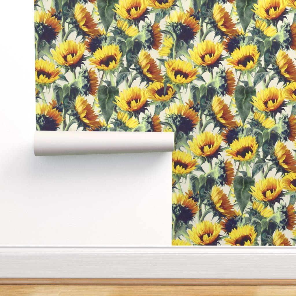 Peel-and-Stick Removable Wallpaper Sunflower Blue Yellow Retro Painting 