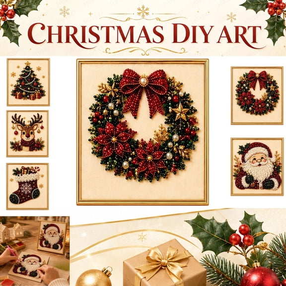 2026 Christmas Decor Santa Pearl Art Kit | Diamond Painting Kit With Frame, DIY Home Decor Wall Art, Beginner DIY Seasonal Party Gift 3D Pearl Sparkle Christmas Design, DIY Decorative Craft (C)