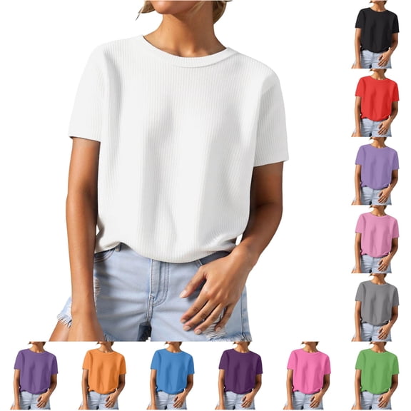 Knit Short Sleeve Crewneck T Shirt Top for Everyday Casual Wear Textured Yarn Tee Women’s Daily Comfort Shirts for Women Casual