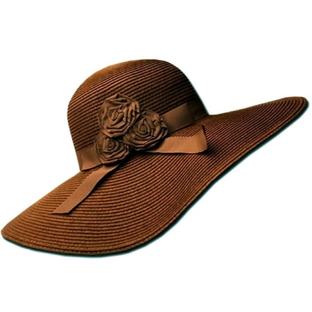 Accents Hat Pin - Sakkas Womens UPF 50+ 100% Paper Straw Ribbon Flower Accent Wide Brim Floppy Hat - Brown - One Size