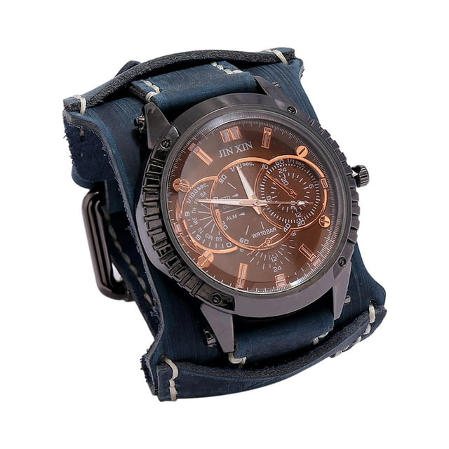 Reloj de pulsera para hombre, esfera redonda, banda ancha, moderno reloj de pulsera de cuero para novio Azul
