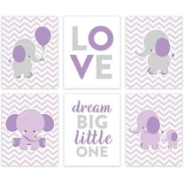 Koyal Wholesale Elephant Theme Girls Nursery Hanging Wall Art, Gray Lavender Elephant, Love, Dream Big Little One