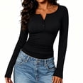 thumbnail image 2 of Karymi Going Out Tops for Women Solid Henley Partial Button Notch Neck Long Sleeve T-Shirt, Ribbed Knit Slim Fit Stretchy Casual Basic Tee Tops, Pullover Blouse Plus Size Tops for Women, 2 of 5