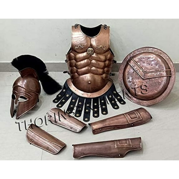 Medieval Muscle Jacket Copper Greek Helmet Arm & Leg Guard & Shield Larp Costume