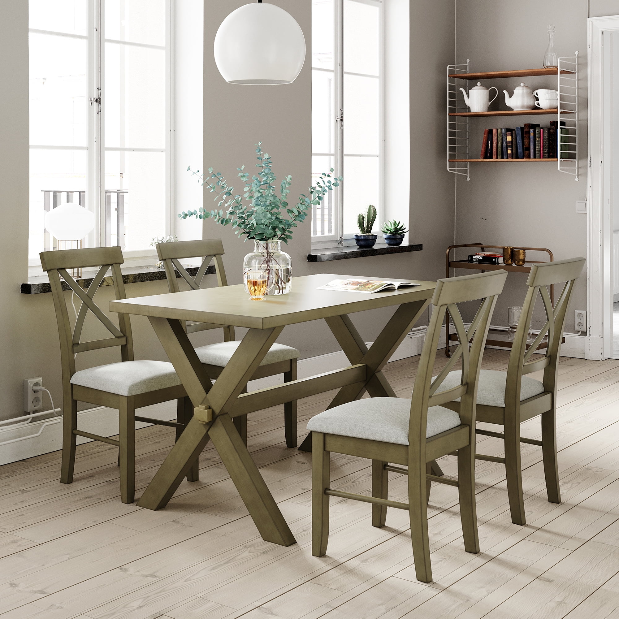 5 Piece Dining Table Set for 4 Persons, Farmhouse Rustic Wood Dining