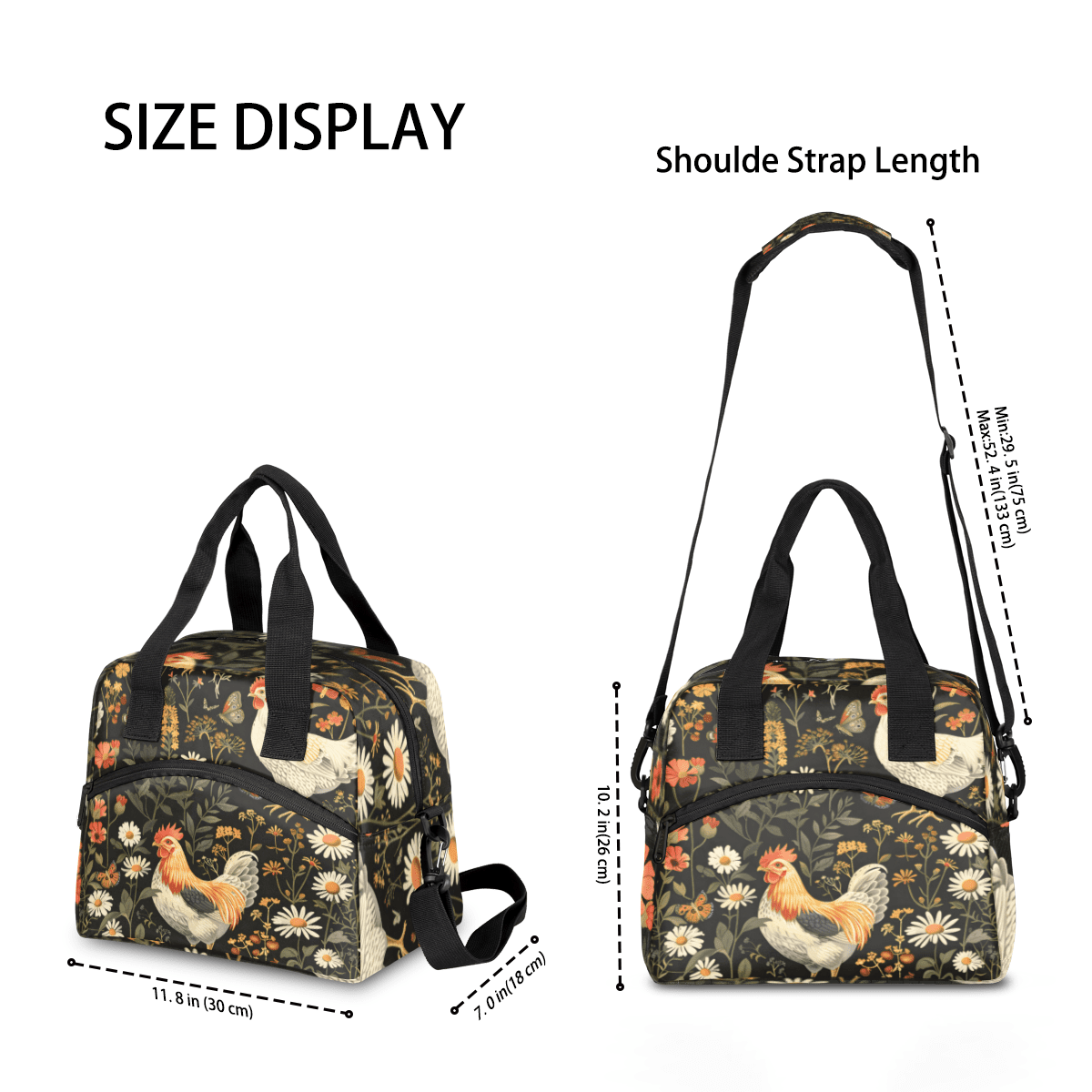 Herdesigns Chicken Cocks and Hens Rooster Insulated Lunch Bag for Women Men Adults Large Reusable Lunch Box Farm Animal Leakproof Cooler Tote Bags with Adjustable Shoulder Strap