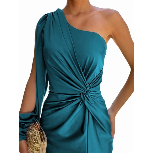 Vestido de Cóctel para Mujer, con un Solo Hombro, Larga y Abertura Alta, para Fiesta de Boda Azul Pavo Real M