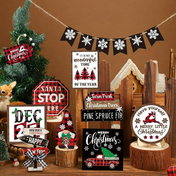 sunsanly 15Pcs/Set Christmas Table Sign Wooden Snowflake Gnome Elk Xmas Tree Tiered Tray Desktop Decoration Rustic Farmhouse Layered Tray Ornament