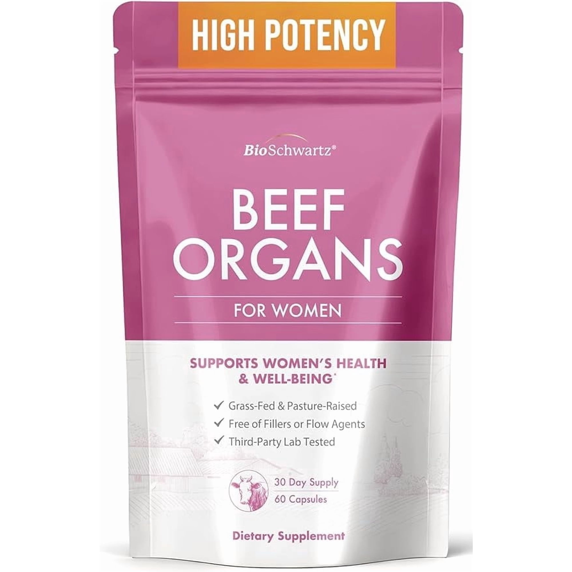 BioSchwartz Primal Beef Organ Supplement for Women - Bovine Liver, Heart, Kidney & Uterus Powder for Hormone Balance, Energy & Vitality - Grass-Fed & Pasture-Raised, 60 Capsules