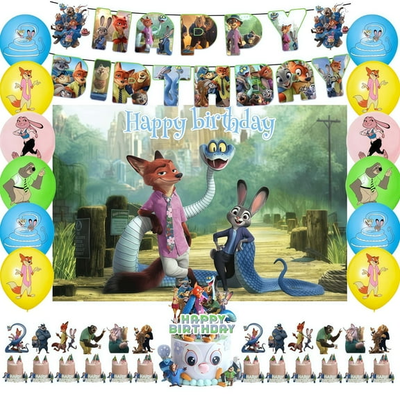 Zootopia themed party supplies, birthday decoration set includes banners, backdrops, balloons, cake and cupcake decorations, suitable for boys and girls Zootopia themed parties