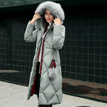 Stylish Women Winter Coat Fur Collar Hooded Down Jacket Over-knee ...