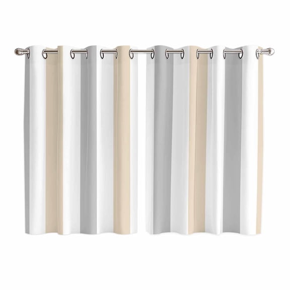 Beige Grey Striped Kitchen Curtains 63 Inch Length, Minimalist Farmhouse Stripe Grommet Top Bedroom Living Room Curtains, Light Filtering Cafe Curtain Drapes 2 Panels Set 104''x63''