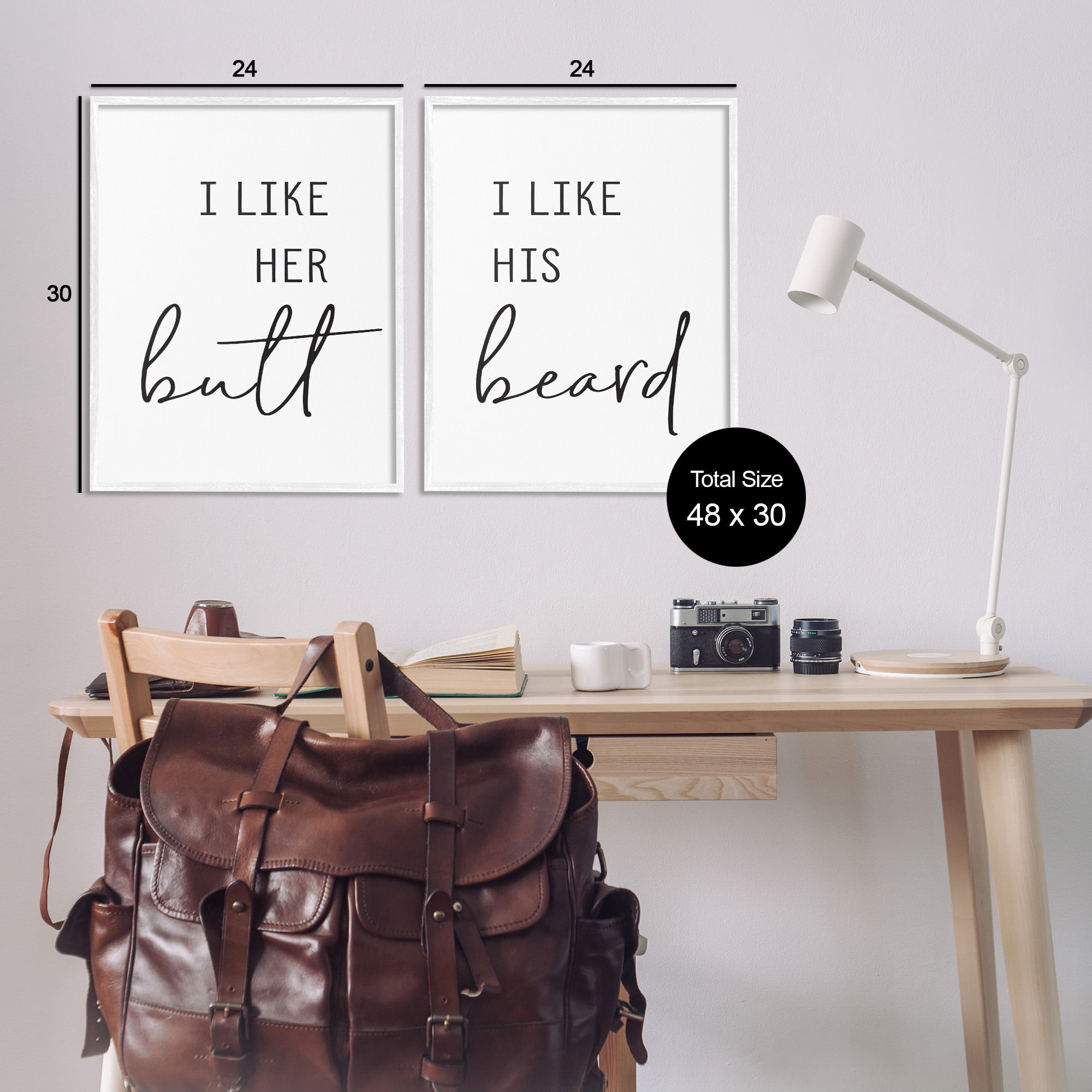 Stupell Industries Her Butt His Beard Funny Romantic Typography Painting White Framed Art Print Wall Art, 24 x 30, Set of 2