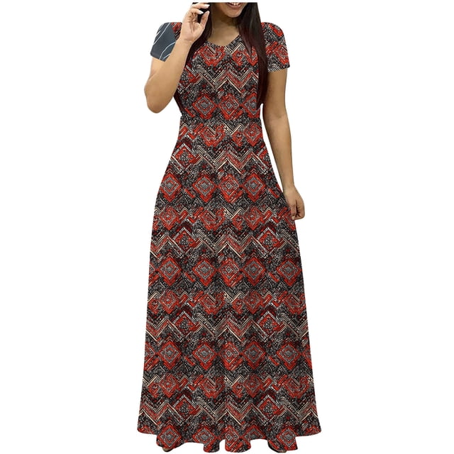 Staron Robe d'Été pour Femme Évasée Fluide à Manches Courtes Robe Soleil Bohème à Col Rond Décontractée Plage Vacances Robes