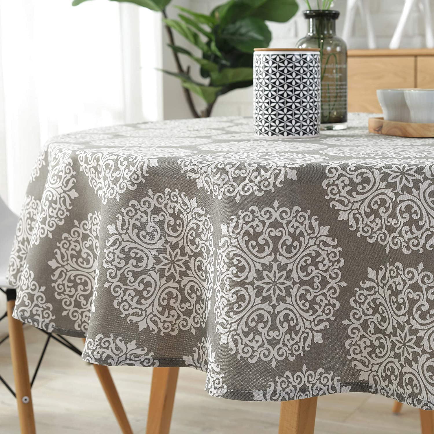 ColorBird Solid Color Tassel Tablecloth Cotton Linen Dust-Proof Table Cover for Kitchen Dinning Tabletop Decoration Round, 60 Inch, Light Gray 