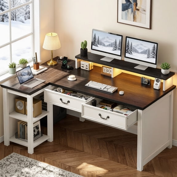 55" L Shaped Farmhouse Computer Desk with Drawers, Office Desk with Long Monitor Stand & Storage Shelves for Bedroom, Desk for Home Office, Desk with Power Outlets & LED Lights, Study Room