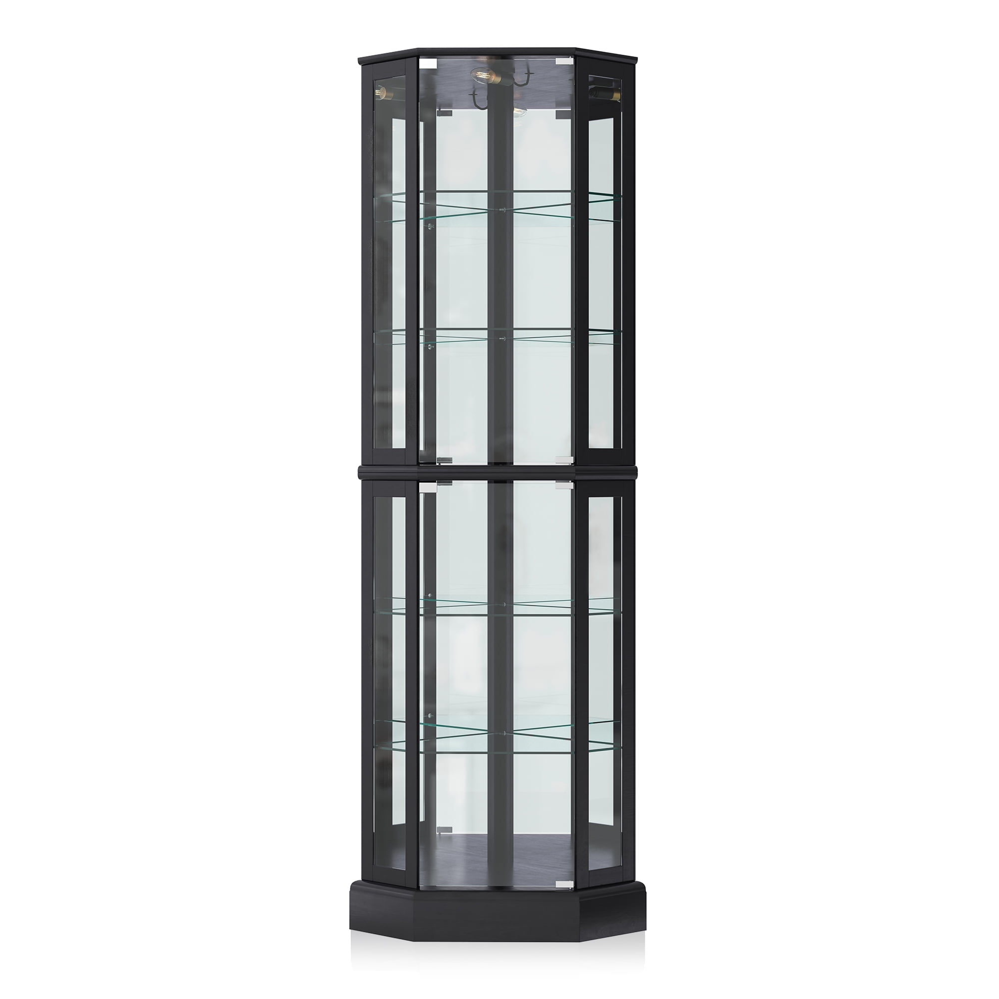 BELLEZE Lighted Curio Corner Display, Wood Cabinet with BELLEZE Lighted Curio Corner Display, Wood Cabinet with