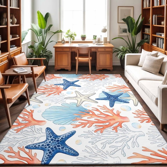 8'x10' Area Rugs, Starfish Coastal Indoor Outdoor Area Rug for Living Room Bedroom, Summer Beach Coral Shell Ocean Nautical Washable Bathroom Rugs Kitchen Floor Carpet Mats Home Decor Aesthetic