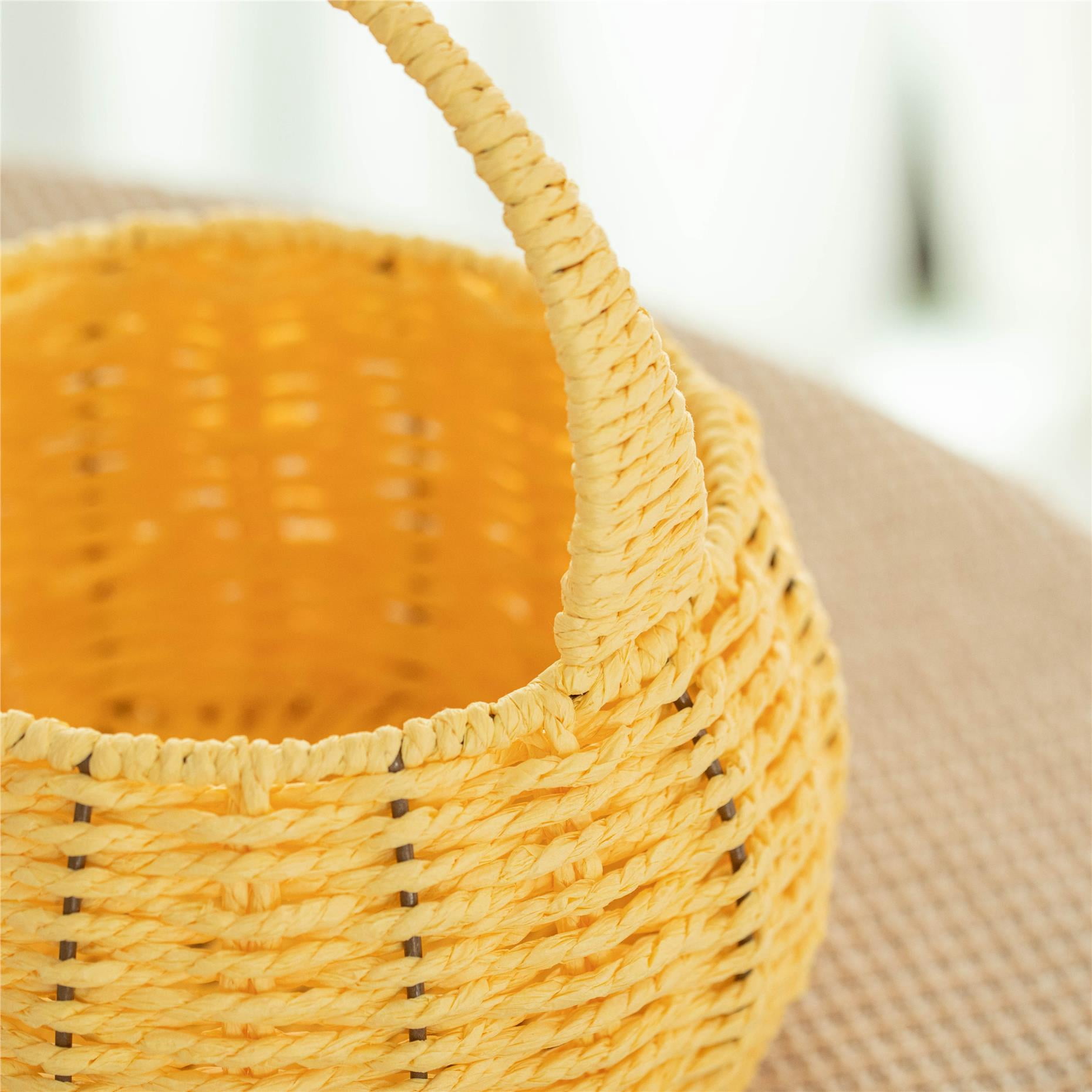 Wickerwise Hand-Woven Easter Bunny Ear Basket with Handle – Multi-Purpose Paper Rope Wicker Basket for Easter Egg Hunts, Picnics, Flower Arrangements, Food Storage, Party, and Home Decor, Yellow