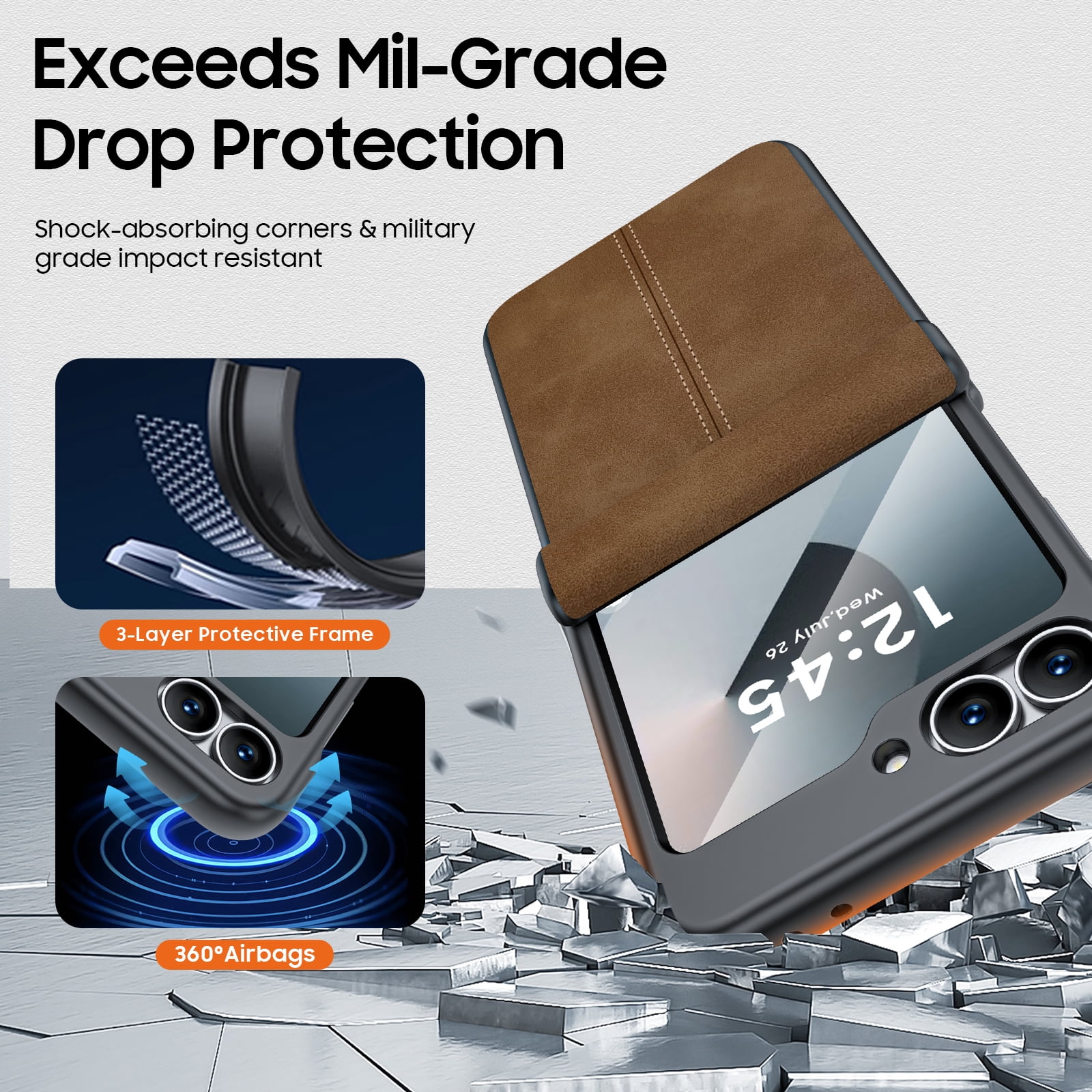 Oupeigar for Samsung Galaxy Z Flip 6/7FE Phone Case With Hinge Protection & Screen Protection,Ultra Thin Leather Shockproof Cover Case-Brown