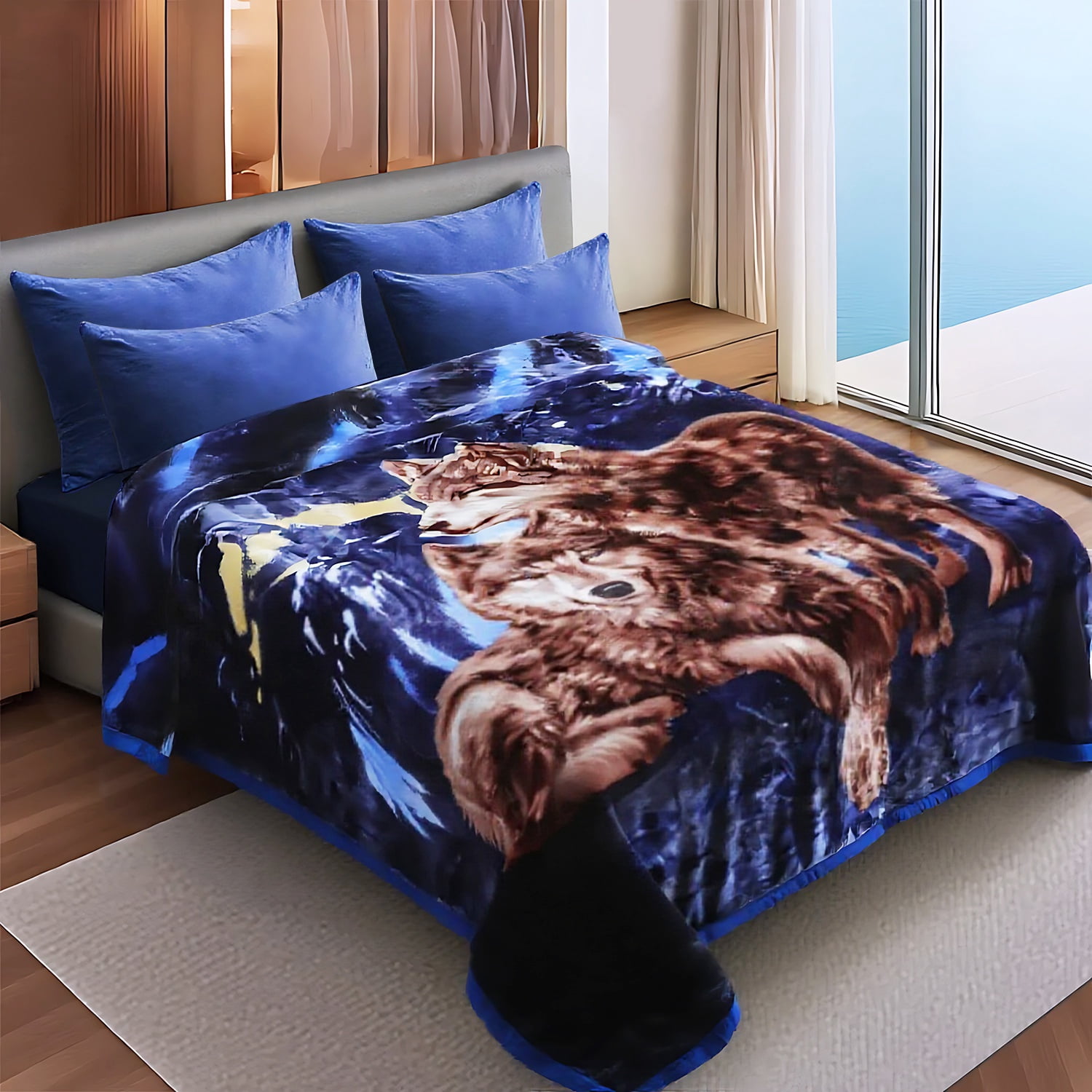 10lbs Heavy Thick A&B Pattern Blanket 2Ply Reversible - Thick Warm Plush Korean Style Bed Blanket, King Size Fleece Plush Blanket, Soft Winter Blanket For Adult 87" x 95", Black Wolf & Brown Wolf