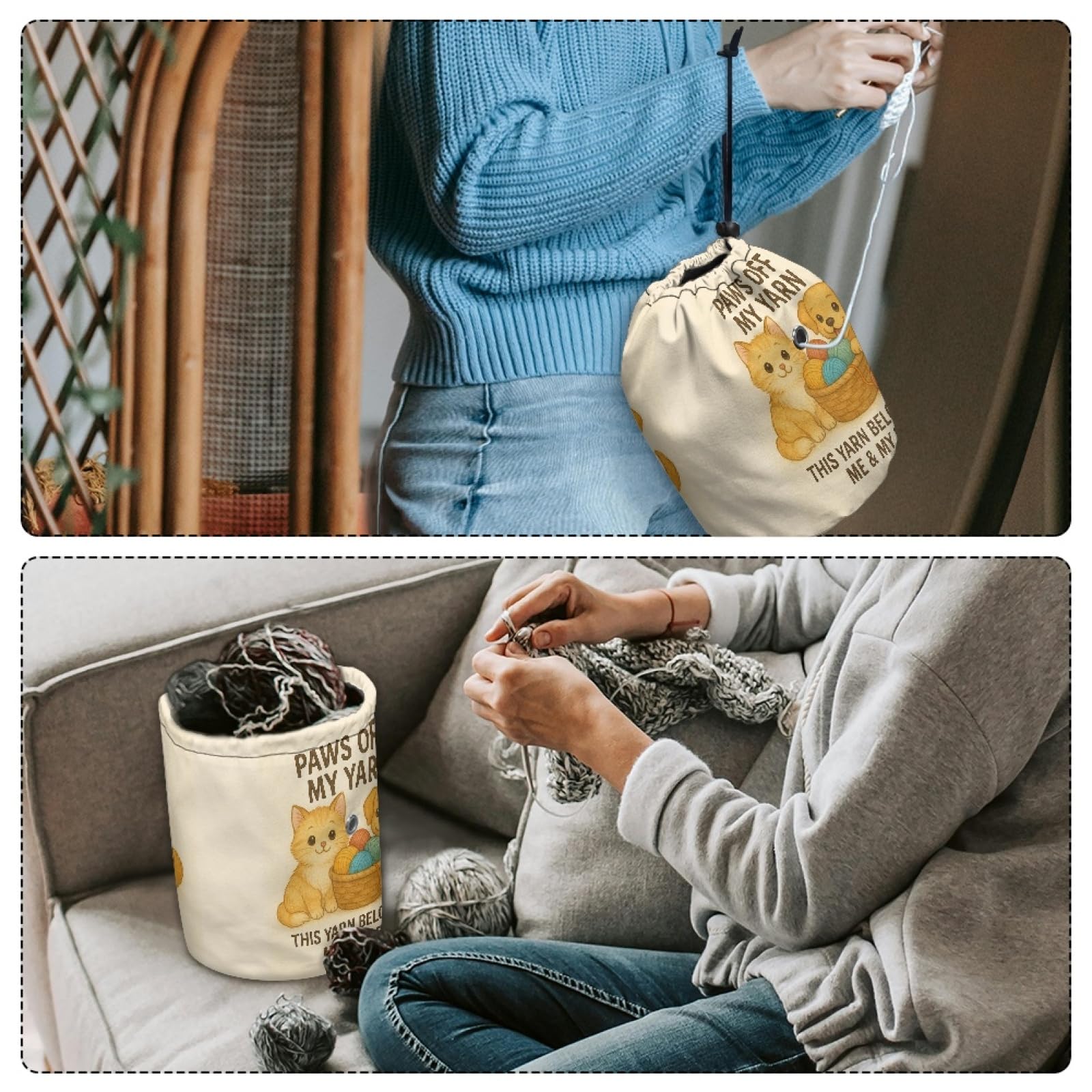 Knitting Crochet Yarn Storage Bag – Durable Canvas Tote Organizer with Cute Pet & Thread Design | Holds Skeins, Hooks, Needles & Tools for Crafters and DIY Lovers