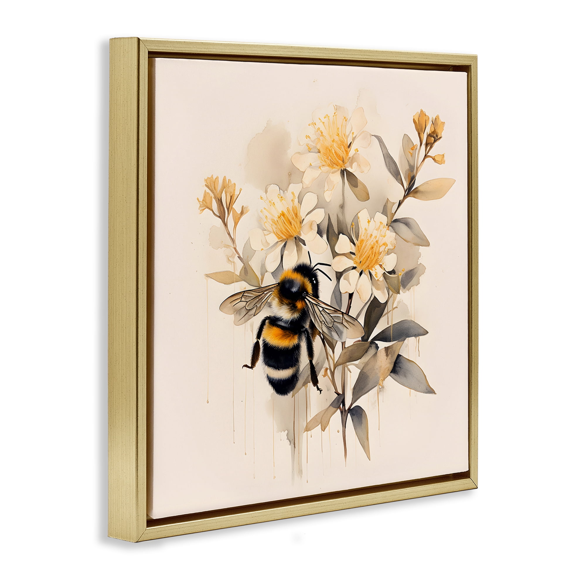 Stupell Industries Honeybee with Daisies Animals & Insects Painting Gold Floater Framed Canvas Art Print Wall Art, 25 x 25