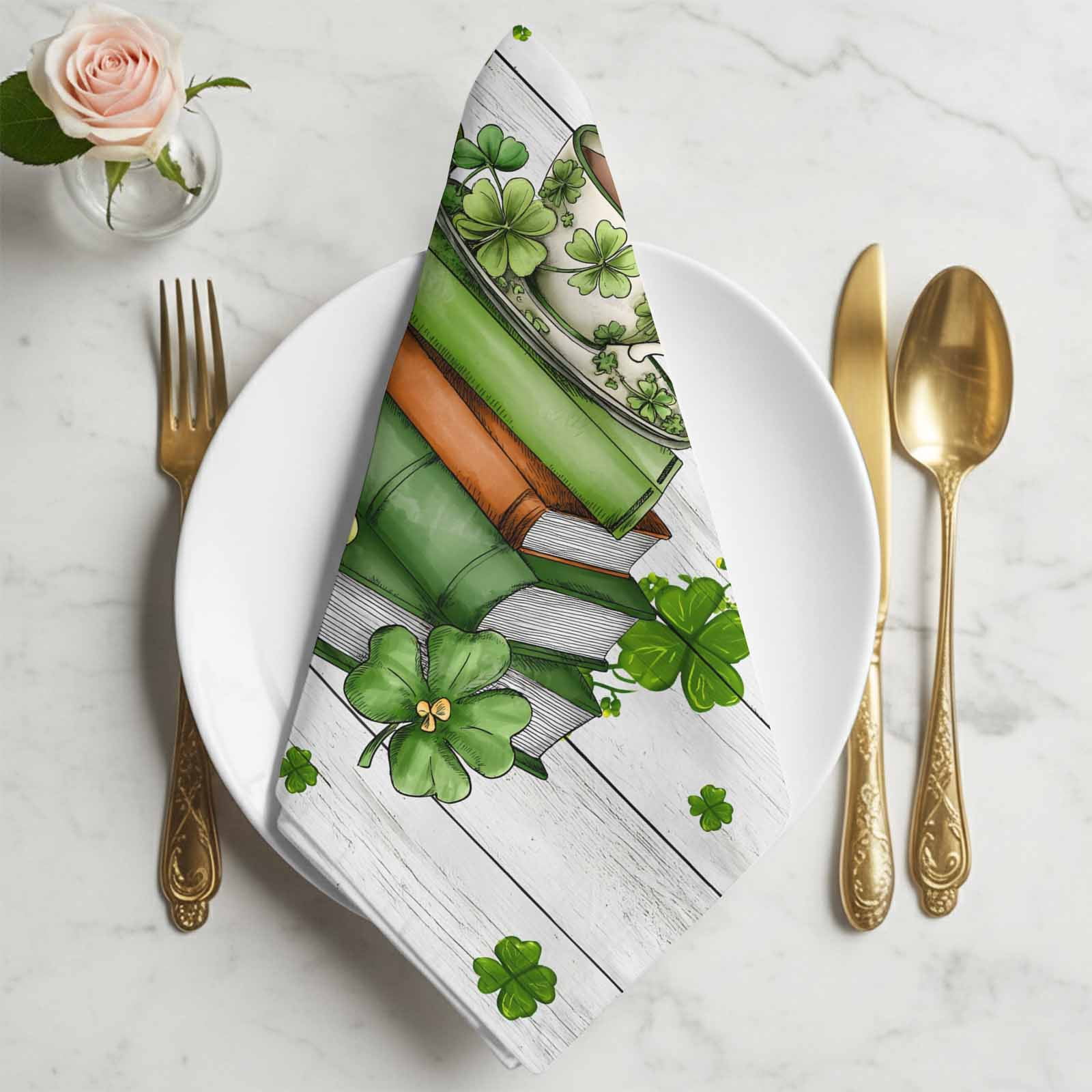 St Patrick's Day Cloth Napkins, Lucky Shamrock Leaf Books Coffee Cups Wooden Washable and Reusable Dinner Napkins Set of 2, Table Napkin for Kitchen Party Birthday Wedding Hotel Housewarming 20"x20"