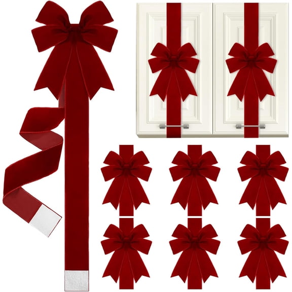 6 Pcs Burgundy Velvet Christmas Cabinet Bows Ribbons for Kitchen;Burgundy Velvet Christmas Cabinet Bows Ribbons for decoration